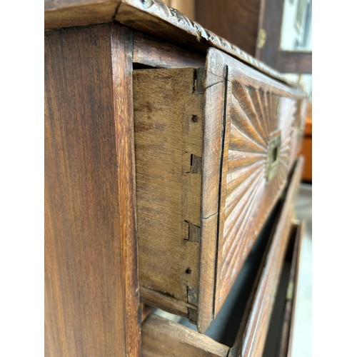 418 - A 19TH CENTURY ANGLO INDIAN ROSEWOOD SECTIONAL SECRETAIRE WITH SUNBURST DESIGN PANELS 

172cm x 92cm... 