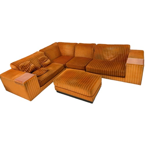 470 - HOWARD KEITH: A LARGE SECTIONAL CORNER SOFA UPHOLSTERED IN STRIPED BURNT ORANGE FABRIC, 

300cm x 24... 