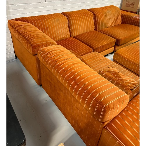 470 - HOWARD KEITH: A LARGE SECTIONAL CORNER SOFA UPHOLSTERED IN STRIPED BURNT ORANGE FABRIC, 

300cm x 24... 