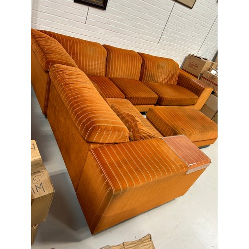 470 - HOWARD KEITH: A LARGE SECTIONAL CORNER SOFA UPHOLSTERED IN STRIPED BURNT ORANGE FABRIC, 

300cm x 24... 