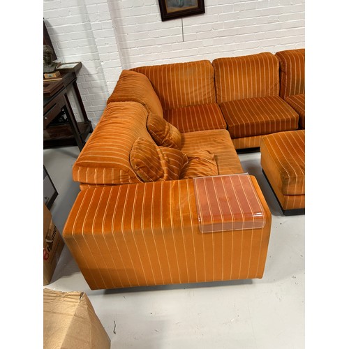 470 - HOWARD KEITH: A LARGE SECTIONAL CORNER SOFA UPHOLSTERED IN STRIPED BURNT ORANGE FABRIC, 

300cm x 24... 