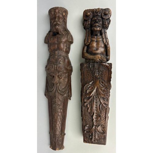 109 - TWO OAK EUROPEAN CARVED WOODEN TERMS POSSIBLY 17TH CENTURY (2)

50cm x 10cm 
46cm x 10cm