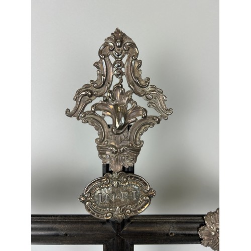 156 - A LARGE WOODEN CROSS POSSIBLY 19TH CENTURY WITH FOREIGN SILVER MOUNTS, 

75cm x 46cm