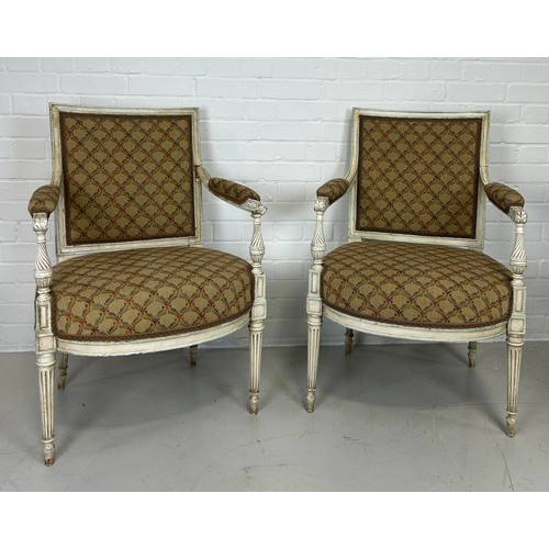 411 - A PAIR OF FRENCH BERGERES (2),

Upholstered in classical fabric. 

90cm x 56cm x 44cm