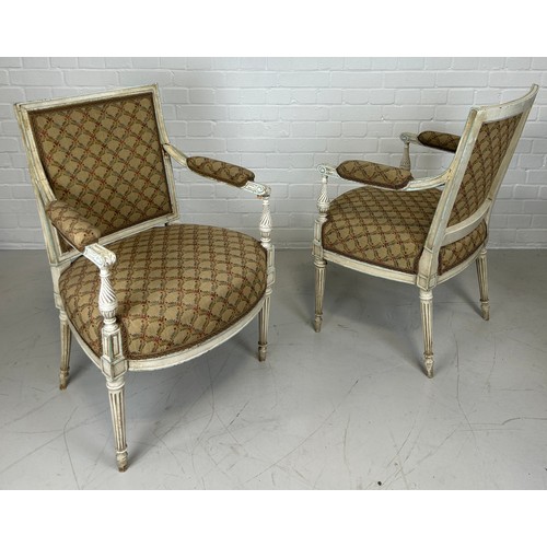 411 - A PAIR OF FRENCH BERGERES (2),

Upholstered in classical fabric. 

90cm x 56cm x 44cm