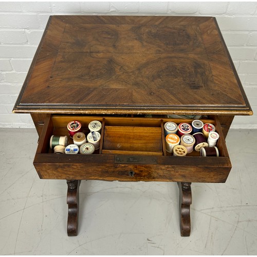 600 - A WALNUT SEWING TABLE, 

77cm x 57cm x 45cm