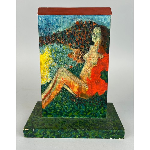 348 - AN OIL PAINTING ON SCULPTURE DEPICTING A NUDE LADY, 

26cm x 20cm