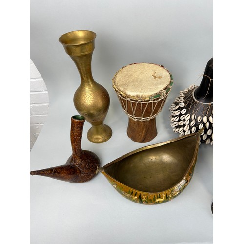 141 - A COLLECTION OF AFRICAN, INDIAN ITEMS (QTY),

To include a ceramic pharmacy jar, instruments, kashmi... 