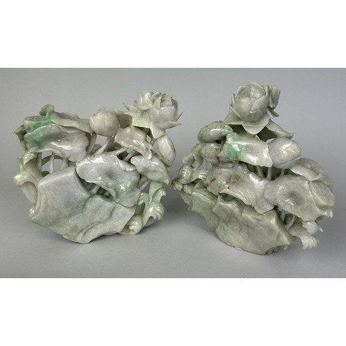 95 - A PAIR OF CHINESE CARVED JADE GROUPS DEPICTING BIRDS AND FLOWERS,

18cm x 16cm 
18cm x 17cm