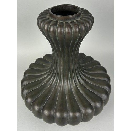 143 - A JAPANESE BRONZE VASE IN THE FORM OF A CHRYSANTHEMUM WITH LOBED VESSEL, 

33cm x 28cm