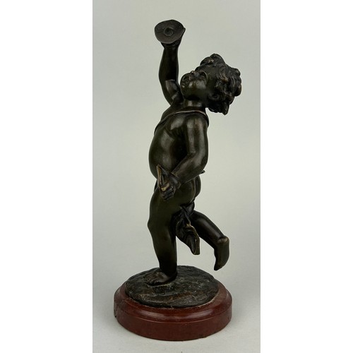 138 - A 19TH CENTURY FRENCH BRONZE SCULPTURE OF A PUTTI AFTER CLAUDE CLODION (1738-1814) ON A RED MARBLE B... 