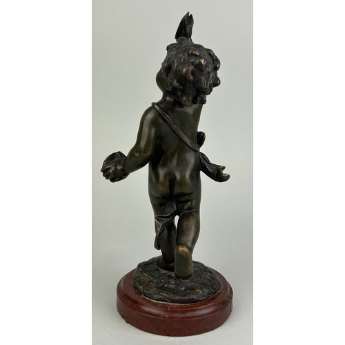 138 - A 19TH CENTURY FRENCH BRONZE SCULPTURE OF A PUTTI AFTER CLAUDE CLODION (1738-1814) ON A RED MARBLE B... 