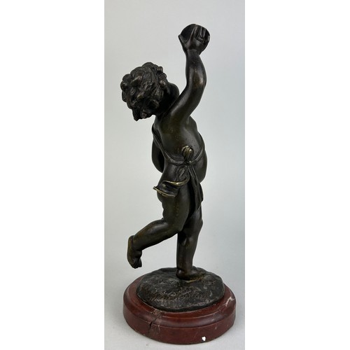 138 - A 19TH CENTURY FRENCH BRONZE SCULPTURE OF A PUTTI AFTER CLAUDE CLODION (1738-1814) ON A RED MARBLE B... 