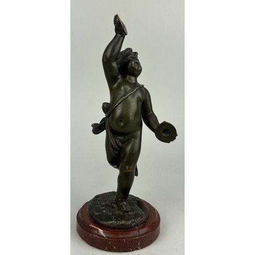 138 - A 19TH CENTURY FRENCH BRONZE SCULPTURE OF A PUTTI AFTER CLAUDE CLODION (1738-1814) ON A RED MARBLE B... 