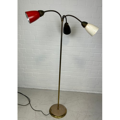 477 - A MID CENTURY DESIGN STANDARD LAMP WITH THREE LIGHTS AND COLOURED METAL SHADES, 

135cm H