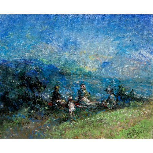 210 - MICHAEL D'AGUILAR BRITISH (1924-2011): A PASTEL DRAWING ON PAPER TITLED 'THE PICNIC ON THE SLOPES OF... 