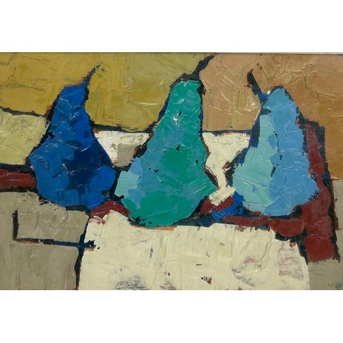 345 - BELINDA FITZWILLIAMS: TWO OIL ON BOARD PAINTINGS OF 'PEARS' AND 'STUDIO JARS', 

Jars: 24cm x 18cm. ... 