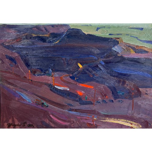 211 - SERHIY SHYSHKO (UKRAINIAN 1911-1997): AN OIL ON BOARD PAINTING TITLED 'DEEP MINING 1971', 

43cm x 3... 