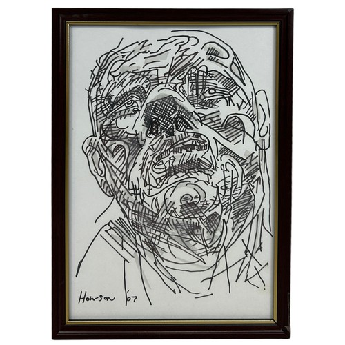 214 - PETER HOWSON (SCOTTISH B.1958): A PEN ON PAPER DRAWING DEPICTING A GROTESQUE MAN, 

28cm x 20cm 

Lo... 