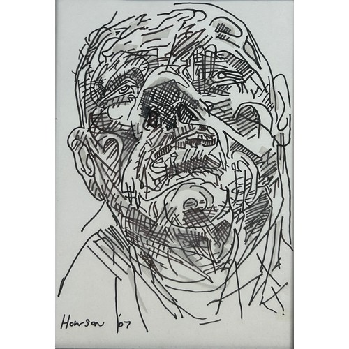 214 - PETER HOWSON (SCOTTISH B.1958): A PEN ON PAPER DRAWING DEPICTING A GROTESQUE MAN, 

28cm x 20cm 

Lo... 