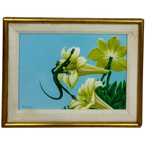 219 - AN OIL ON BOARD PAINTING DEPICTING A GREEN LIZARD AND FLOWERS SIGNED 'SALVATORE', 

34cm x 24cm 

Mo... 