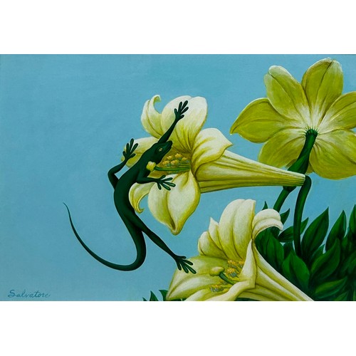 219 - AN OIL ON BOARD PAINTING DEPICTING A GREEN LIZARD AND FLOWERS SIGNED 'SALVATORE', 

34cm x 24cm 

Mo... 