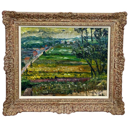 194 - FREDERICK GORE (BRITISH 1913-2009): AN OIL ON BOARD IMPASTO PAINTING DEPICTING FIELDS IN PROVENCE, F... 