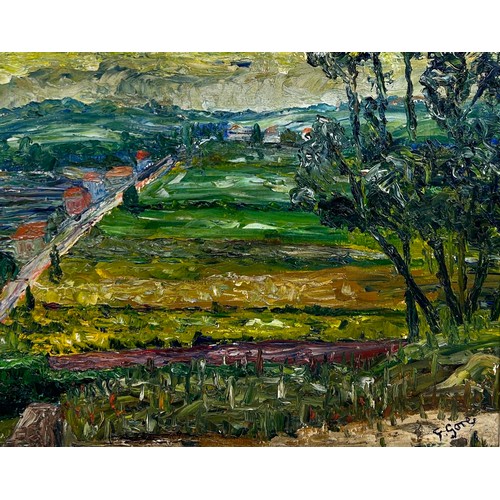 194 - FREDERICK GORE (BRITISH 1913-2009): AN OIL ON BOARD IMPASTO PAINTING DEPICTING FIELDS IN PROVENCE, F... 