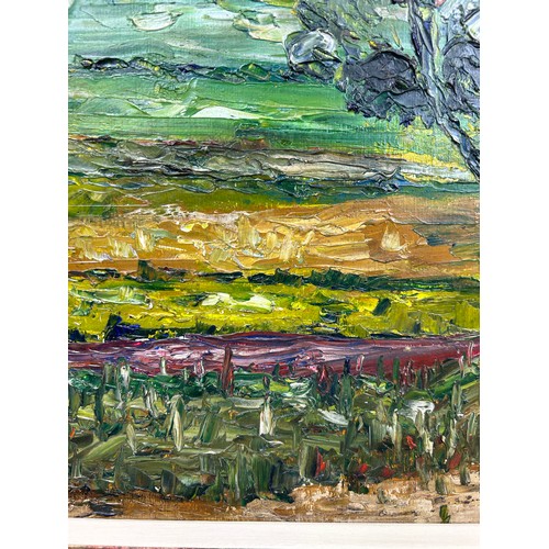 194 - FREDERICK GORE (BRITISH 1913-2009): AN OIL ON BOARD IMPASTO PAINTING DEPICTING FIELDS IN PROVENCE, F... 