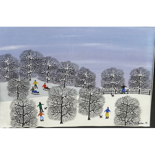 341 - GORDON BARKER (B.1960): AN ACRYLIC PAINTING ON PAPER 'SKIING AND SKATING IN THE SNOW', 

47cm x 31cm... 