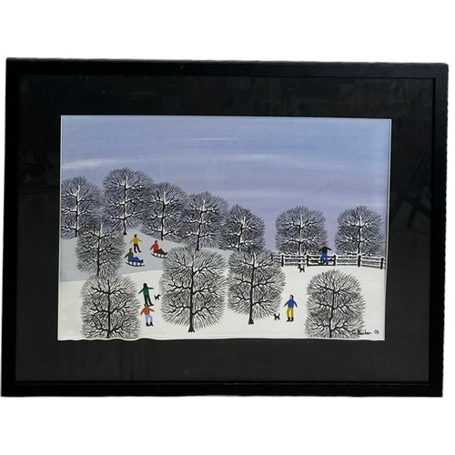 341 - GORDON BARKER (B.1960): AN ACRYLIC PAINTING ON PAPER 'SKIING AND SKATING IN THE SNOW', 

47cm x 31cm... 