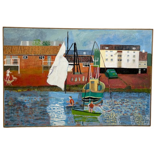 247 - AN OIL ON CANVAS PAINTING DEPICTING FIGURES ROWING BOATS, 

122cm x 82cm 

Mounted in a wooden frame