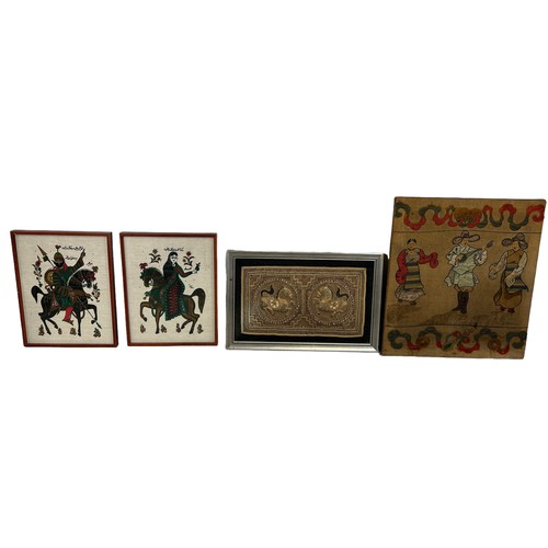 334 - A SET OF FOUR ORIENTAL PAINTINGS AND EMBROIDERIES (4) 

Largest 76cm x 66cm. 

Three framed.