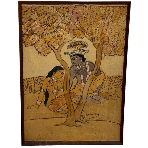 349 - AN INDIAN PAINTING ON SILK DEPICTING TWO FIGURES, 

90cm x 64cm 

Mounted in a frame.