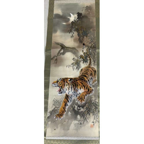 105 - TWO CHINESE SCROLL PAINTINGS DEPICTING TIGERS
(2)

125cm x 42cm, scroll 208cm x 45cm 
96cm x 49cm, s... 