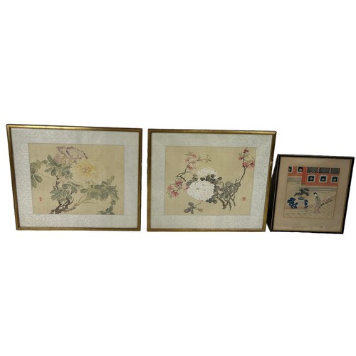 602 - THREE CHINESE WATERCOLOURS OR PRINTS ON PAPER, 

Mounted in frames and glazed. 

Largest frame 57cm ... 