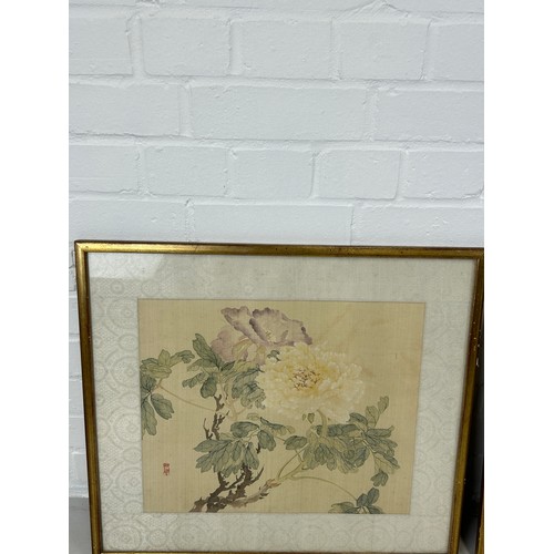 602 - THREE CHINESE WATERCOLOURS OR PRINTS ON PAPER, 

Mounted in frames and glazed. 

Largest frame 57cm ... 