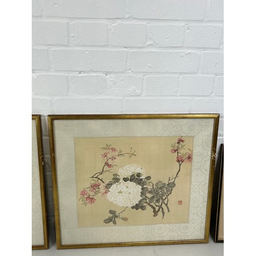 602 - THREE CHINESE WATERCOLOURS OR PRINTS ON PAPER, 

Mounted in frames and glazed. 

Largest frame 57cm ... 