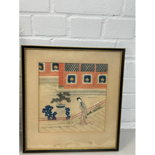 602 - THREE CHINESE WATERCOLOURS OR PRINTS ON PAPER, 

Mounted in frames and glazed. 

Largest frame 57cm ... 