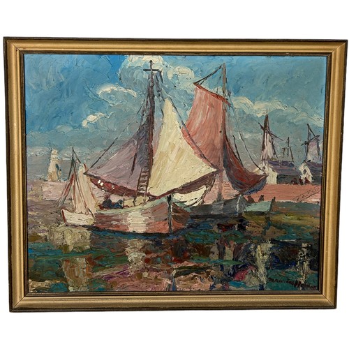 246 - AN OIL ON CANVAS IMPASTO PAINTING DEPICTING SAILBOATS IN A HARBOUR, 

60cm x 48cm