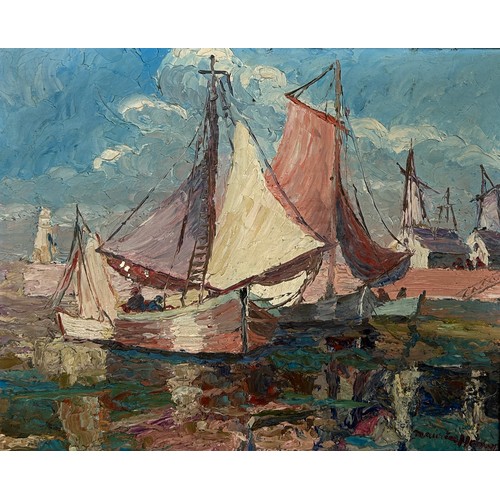 246 - AN OIL ON CANVAS IMPASTO PAINTING DEPICTING SAILBOATS IN A HARBOUR, 

60cm x 48cm