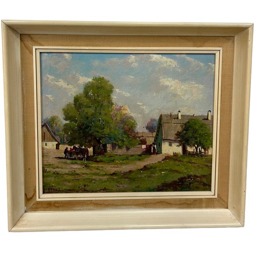 268 - AN OIL ON CANVAS PAINTING OF A RURAL SCENE WITH FIGURES AND HORSES, 

29cm x 24cm 

Mounted in a a f... 