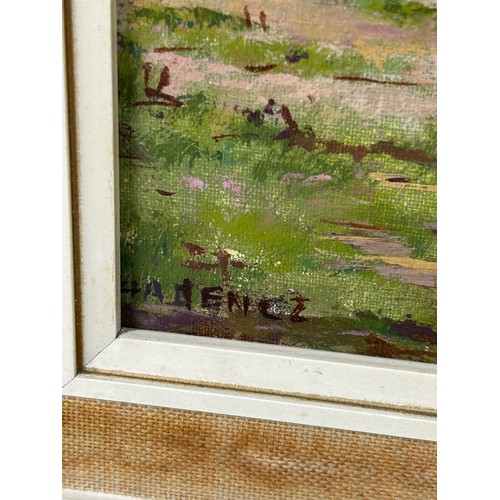 268 - AN OIL ON CANVAS PAINTING OF A RURAL SCENE WITH FIGURES AND HORSES, 

29cm x 24cm 

Mounted in a a f... 