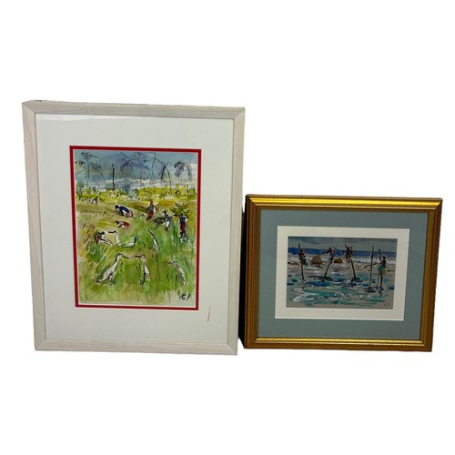 321 - A PAIR OF WATERCOLOURS BY THE SAME ARTIST DEPICTING 'RICE HARVESTERS' AND 'STILT FISHERMEN', 

Frame... 