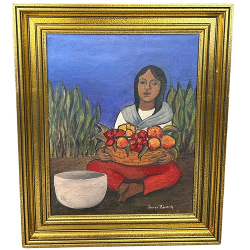 230 - AFTER DIEGO RIVERA (1886-1957): AN OIL ON CANVAS PAINTING OF A GIRL WITH A BASKET OF FRUIT, 

Signed... 