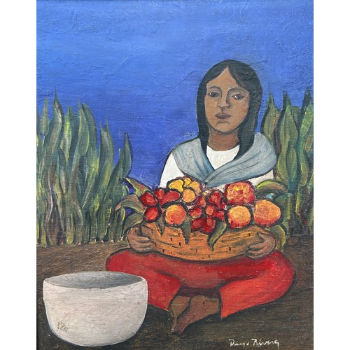 230 - AFTER DIEGO RIVERA (1886-1957): AN OIL ON CANVAS PAINTING OF A GIRL WITH A BASKET OF FRUIT, 

Signed... 