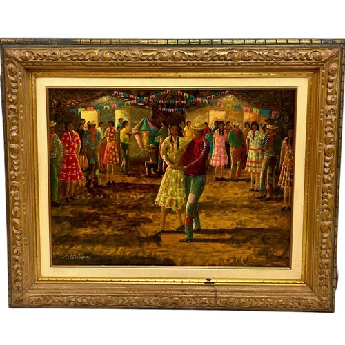 236 - PAPAS STEFANOS (GREEK B.1956): AN OIL ON CANVAS PAINTING DEPICTING FIGRES DANCING AT A FIESTA, 

79c... 