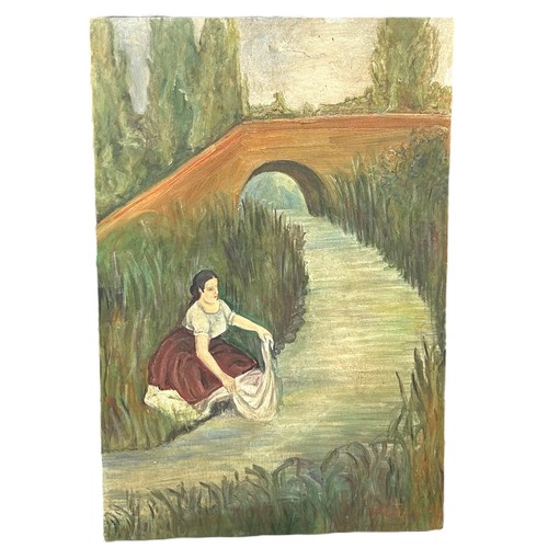 233 - SOUTH AMERICAN SCHOOL: AN OIL ON BOARD PAINTING DEPICTING A LADY WASHING CLOTHES BESIDE A RIVER, 

6... 