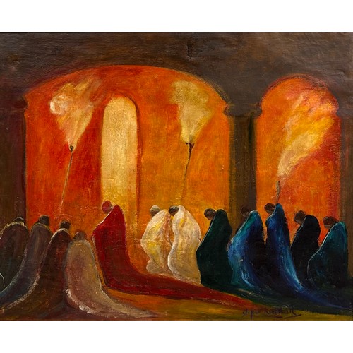 232 - STEPHEN ROBERT KOEKKOEK (BRITISH 1887-1934): AN OIL ON CANVAS PAINTING DEPICTING A RELIGIOUS PROCESS... 