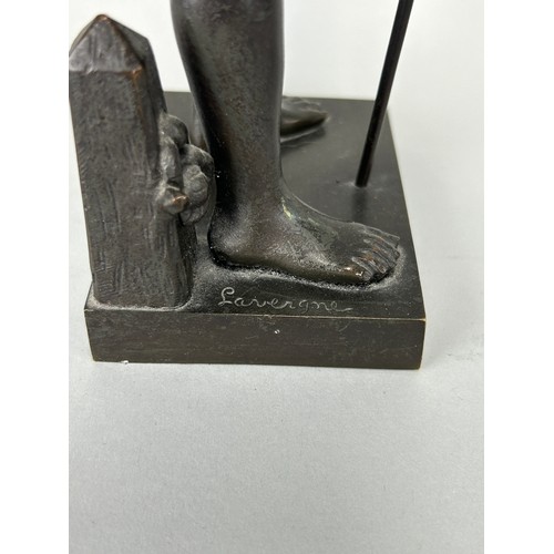 530 - AFTER ADOLPH LAVERGNE: A BRONZE FIGURE OF A BOY FISHING, 

32cm H